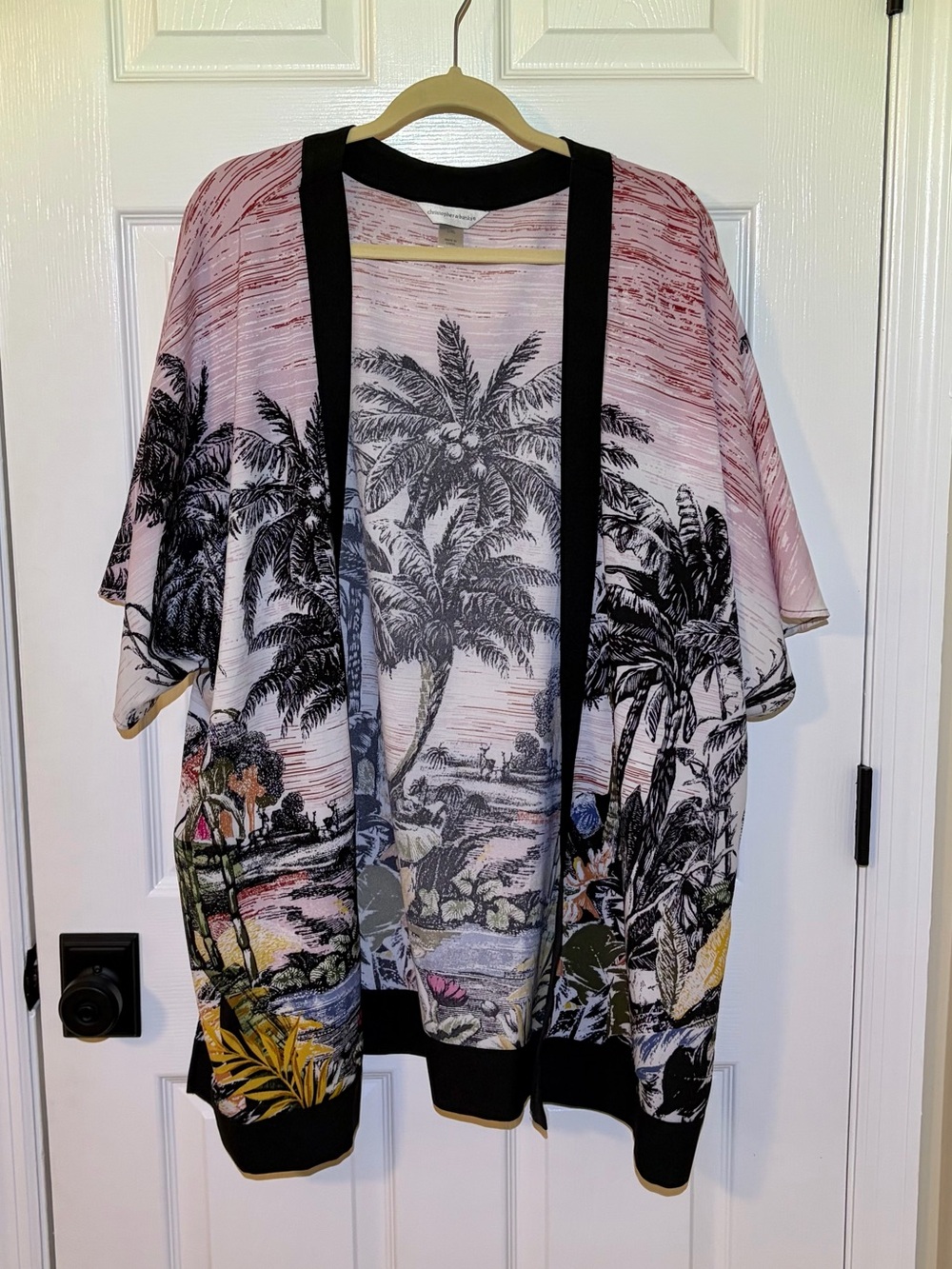 Tropical Palm Print Open Cardigan Duster - Pink, Black, Yellow. Size L/XL